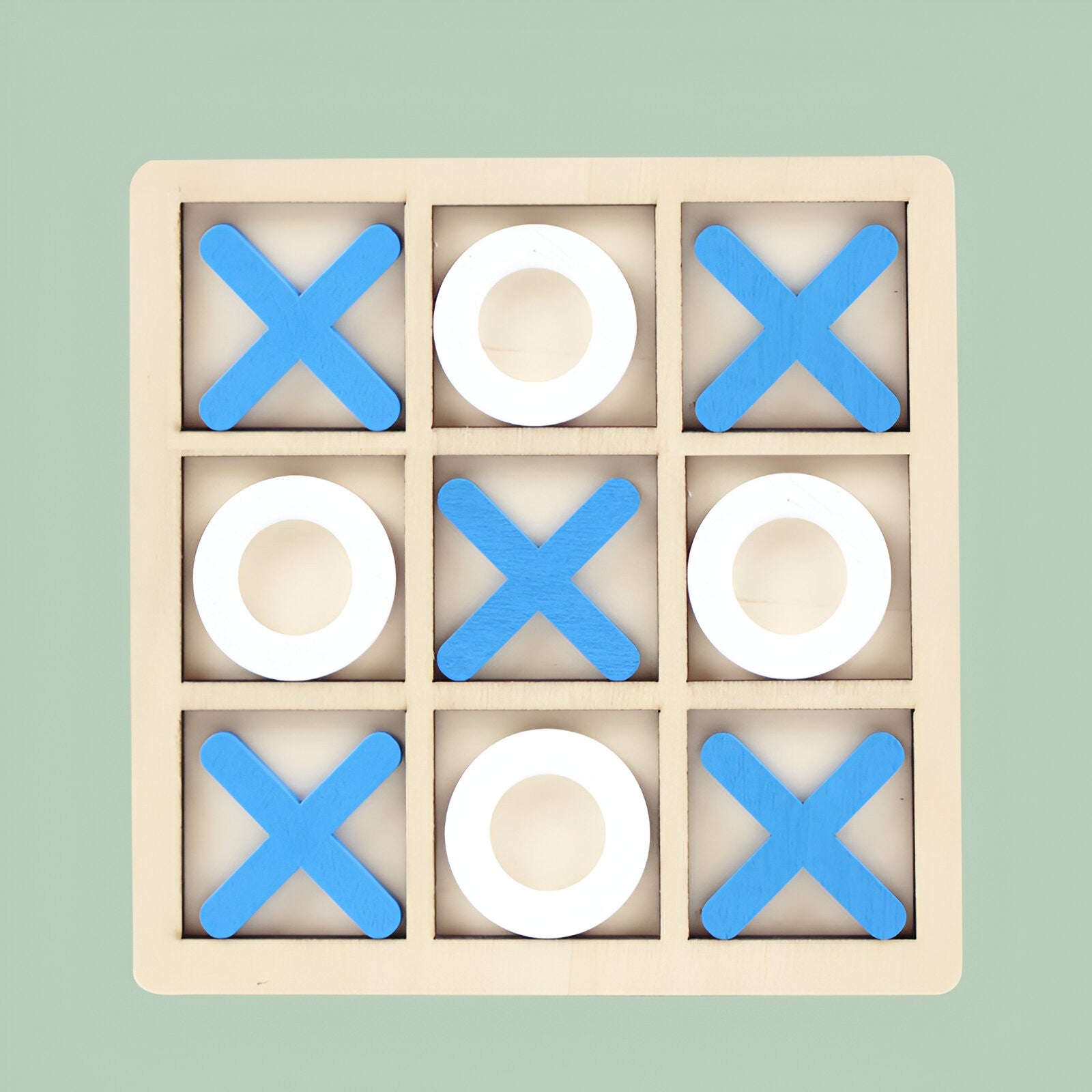 Jucarie Montessori Tic Tac Toe, Flippy, Educativa, Interactiva, din lemn, X si O, 9 Piese, 14.3x14.3 cm, Albastru Alb-4