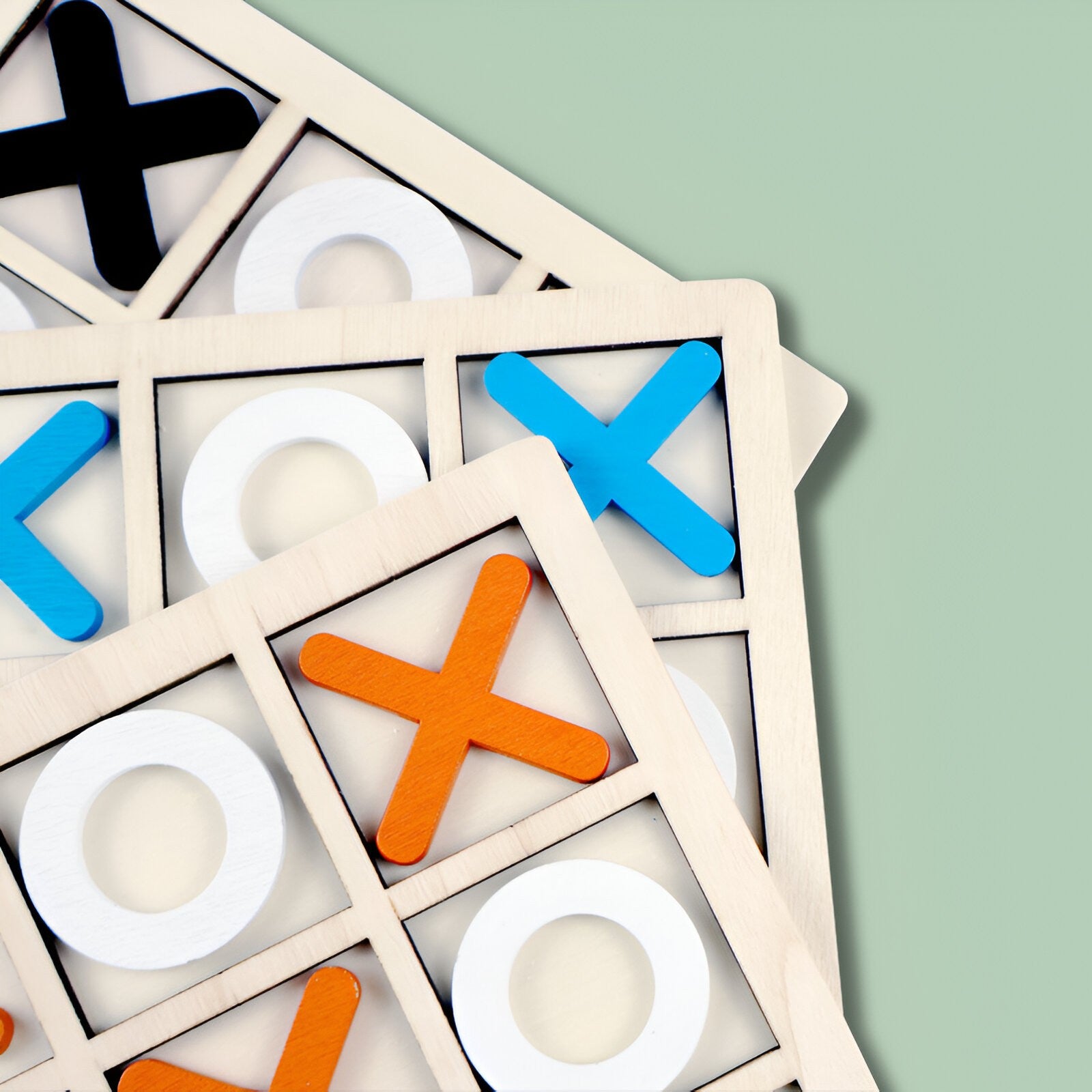 Jucarie Montessori Tic Tac Toe, Flippy, Educativa, Interactiva, din lemn, X si O, 9 Piese, 14.3x14.3 cm, Albastru Alb-6
