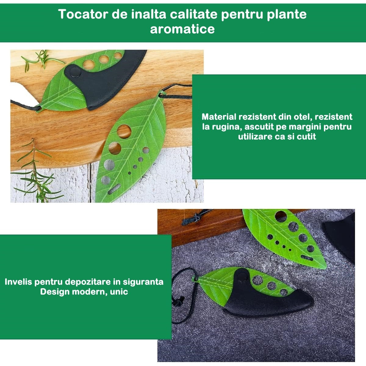 Tocator manual pentru ierburi Flippy, instrument de curatat frunze, tocator, margini ascutie, 9 gauri de diferite dimensiuni, multifunctional, material otel inoxidabil, rezistent la rugina, 14 x 5.5 cm, verde-4