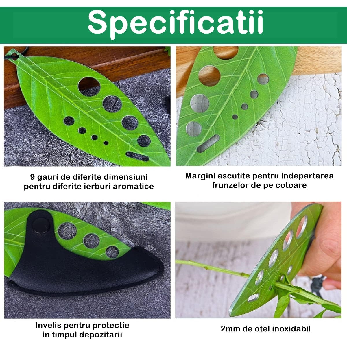 Tocator manual pentru ierburi Flippy, instrument de curatat frunze, tocator, margini ascutie, 9 gauri de diferite dimensiuni, multifunctional, material otel inoxidabil, rezistent la rugina, 14 x 5.5 cm, verde-5