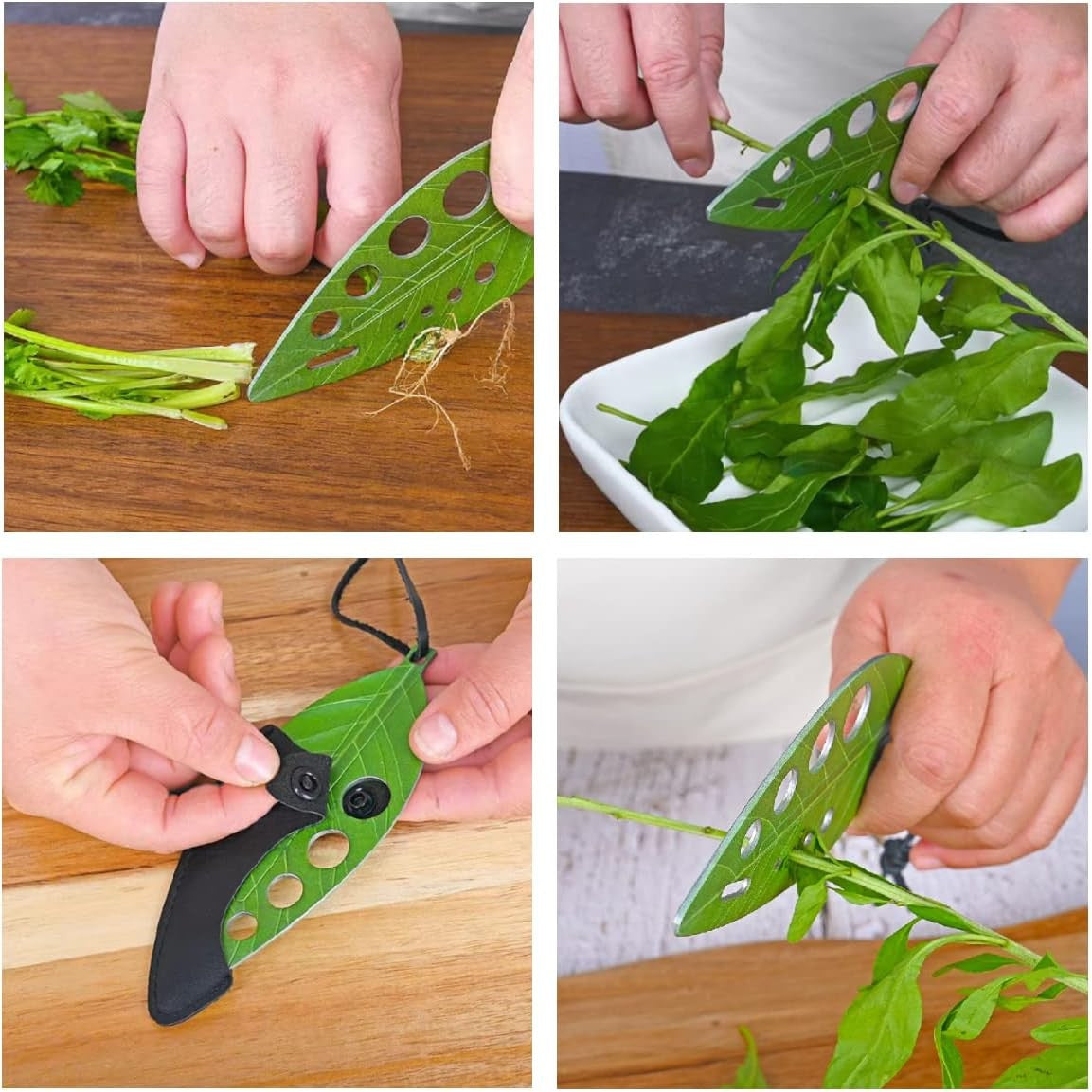 Tocator manual pentru ierburi Flippy, instrument de curatat frunze, tocator, margini ascutie, 9 gauri de diferite dimensiuni, multifunctional, material otel inoxidabil, rezistent la rugina, 14 x 5.5 cm, verde-8