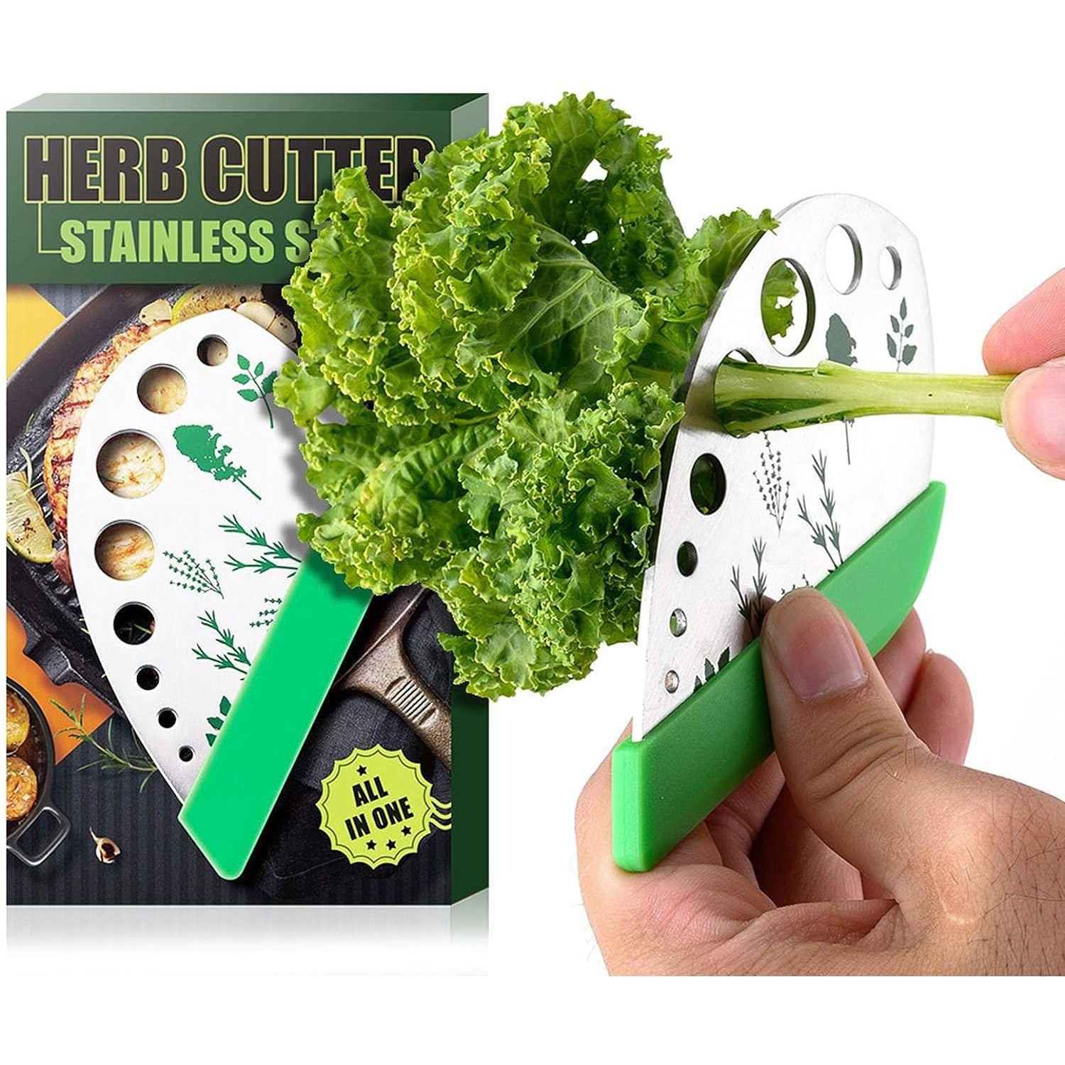 Tocator manual pentru ierburi Flippy, instrument de curatat frunze, margini ascutie, 9 gauri de diferite dimensiuni, multifunctional, material otel inoxidabil, maner ergonomic, rezistent la rugina, 12.3 x 6.9 cm, argintiu-2