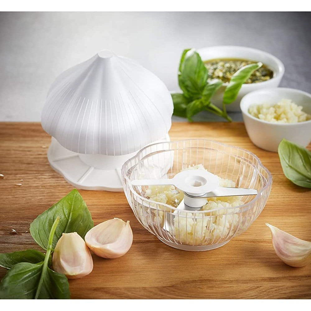 Tocator manual pentru usturoi, in forma de usturoi, cutite rezistente, utilizare prin apasare, material ABS si inox, 9.5x9.5x9.3 cm, alb-1