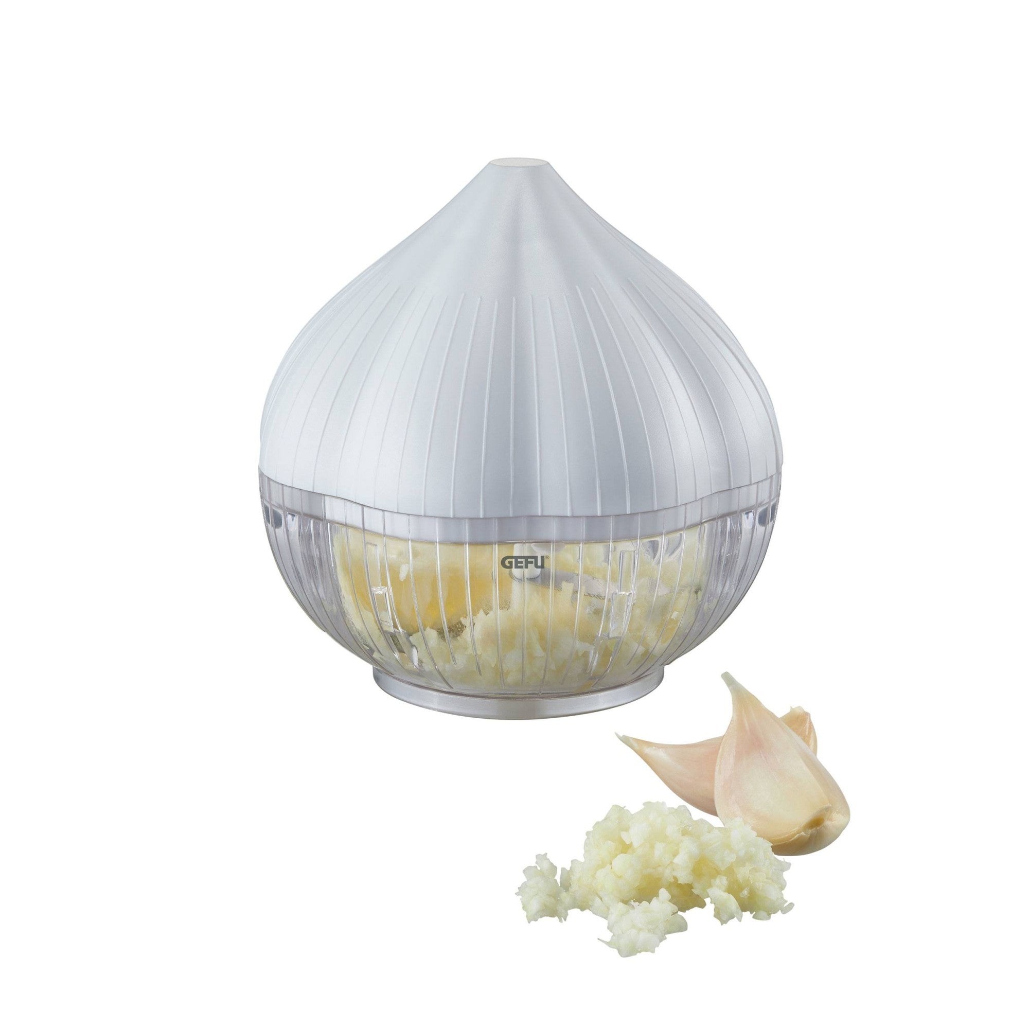 Tocator manual pentru usturoi, in forma de usturoi, cutite rezistente, utilizare prin apasare, material ABS si inox, 9.5x9.5x9.3 cm, alb-2