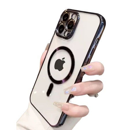 Husa MagSafe pentru Apple iPhone 14, Full Cover, Protectie camera, Margini colorate Electroplating, Magnetica, Incarcare Wireless, Flippy, Negru-2