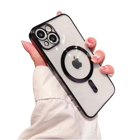 Husa MagSafe pentru Apple iPhone 13, Full Cover, Protectie camera, Margini colorate Electroplating, Magnetica, Incarcare Wireless, Flippy, Negru-3
