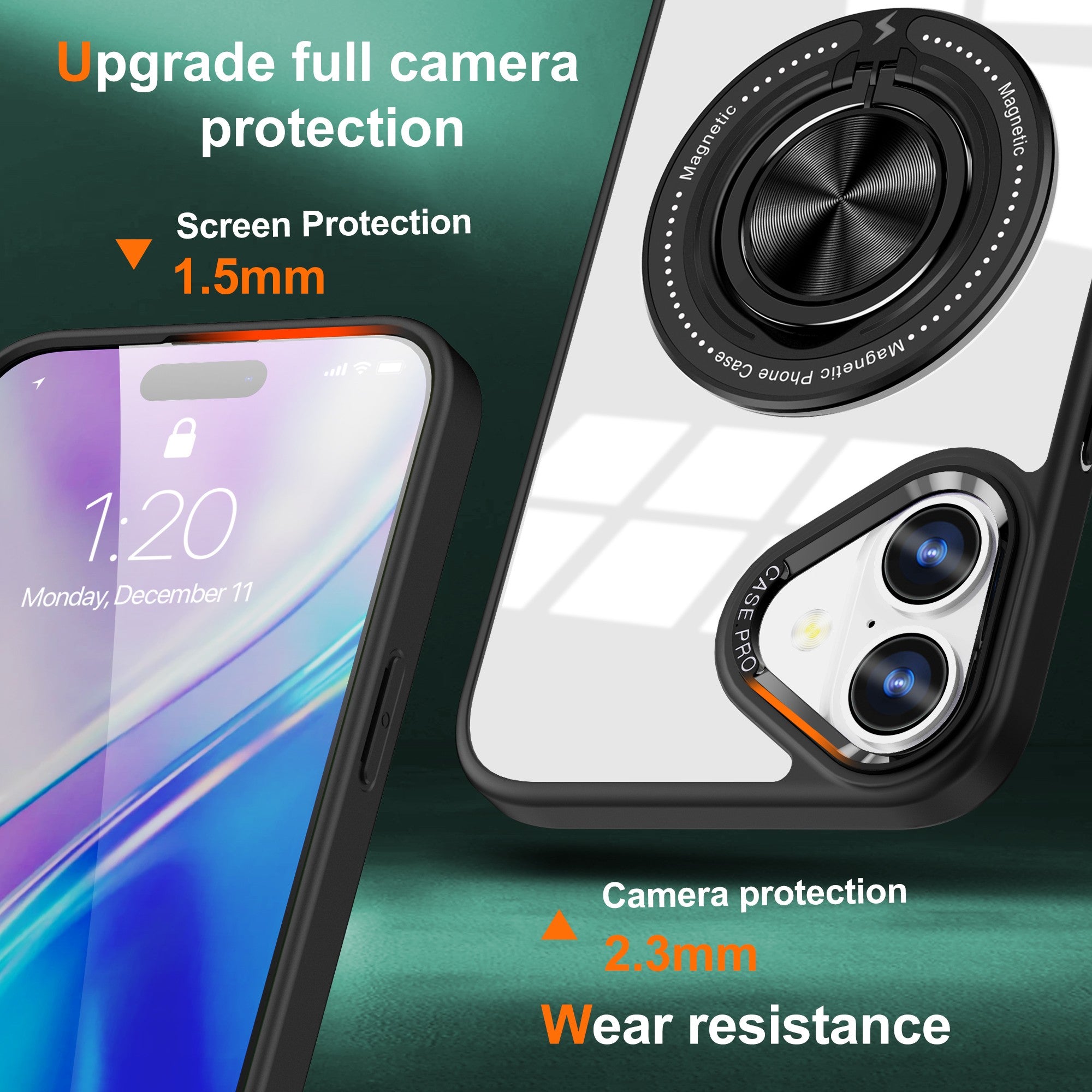 Husa de Protectie TPU, Flippy, pentru iPhone 16 Pro, Anticadere, cu Incarcare Wireless, Tehnologie Magsafe, Inel Magnetic Rotativ cu Functie de Suport, Transparent-Negru-1
