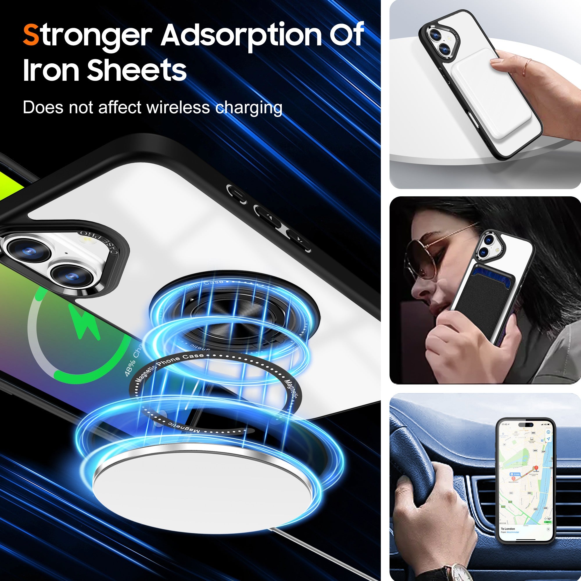 Husa de Protectie TPU, Flippy, pentru iPhone 16 Pro, Anticadere, cu Incarcare Wireless, Tehnologie Magsafe, Inel Magnetic Rotativ cu Functie de Suport, Transparent-Negru-3