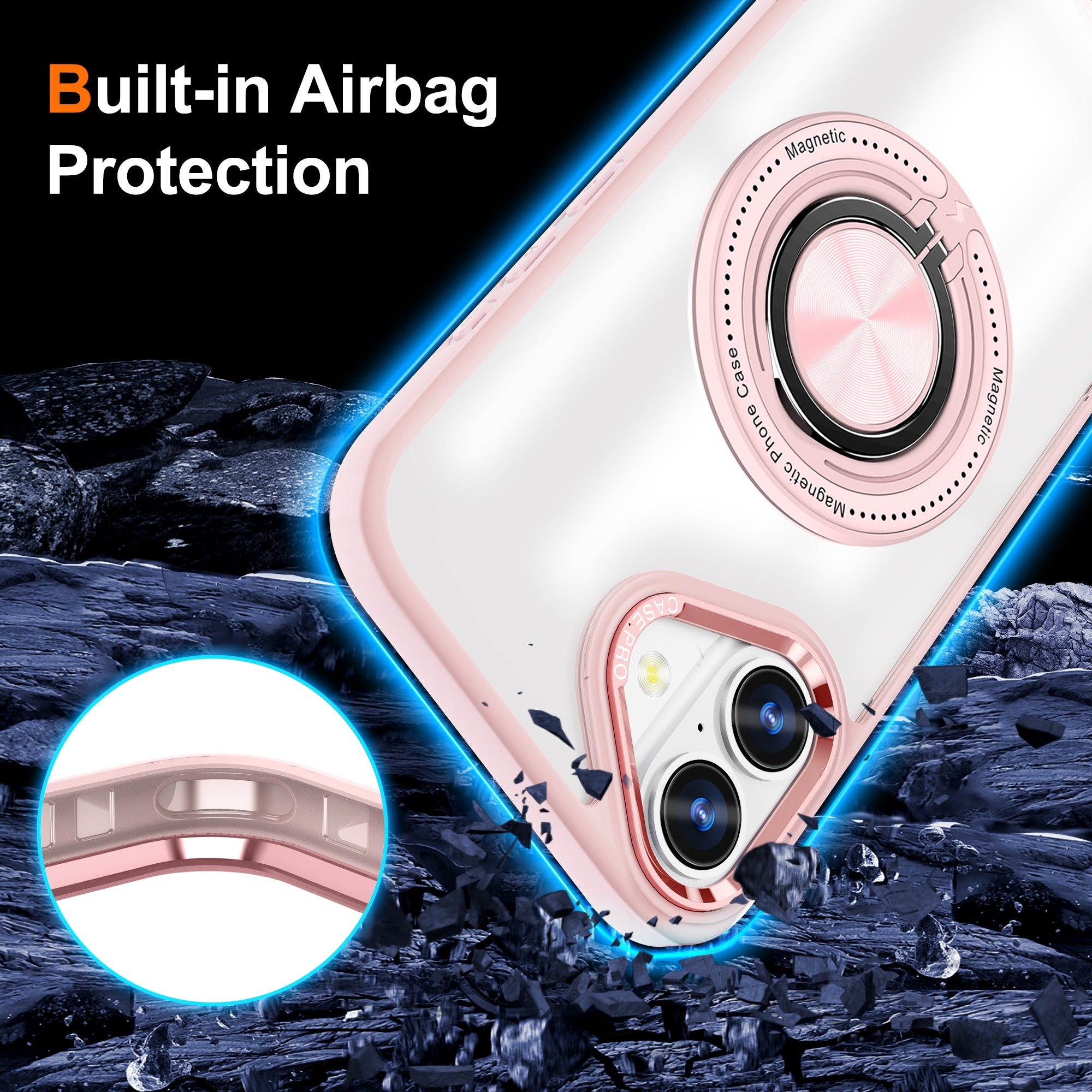 Husa de Protectie TPU, Flippy, pentru iPhone 16, Anticadere, cu Incarcare Wireless, Tehnologie Magsafe, Inel Magnetic Rotativ cu Functie de Suport, Transparent-Roz-2