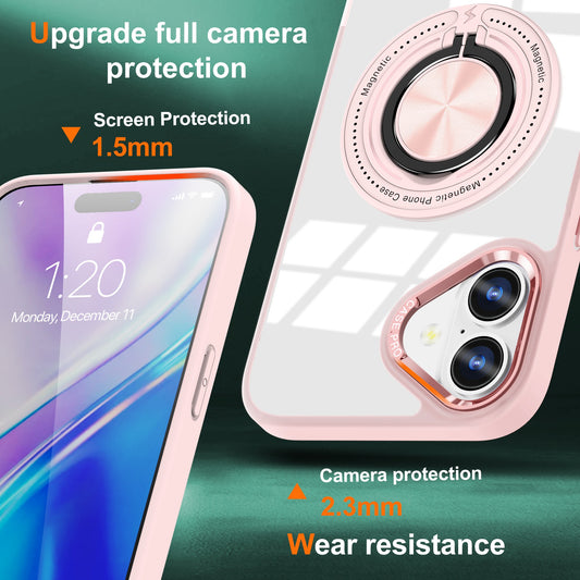 Husa de Protectie TPU, Flippy, pentru iPhone 16 Pro, Anticadere, cu Incarcare Wireless, Tehnologie Magsafe, Inel Magnetic Rotativ cu Functie de Suport, Transparent-Roz-1
