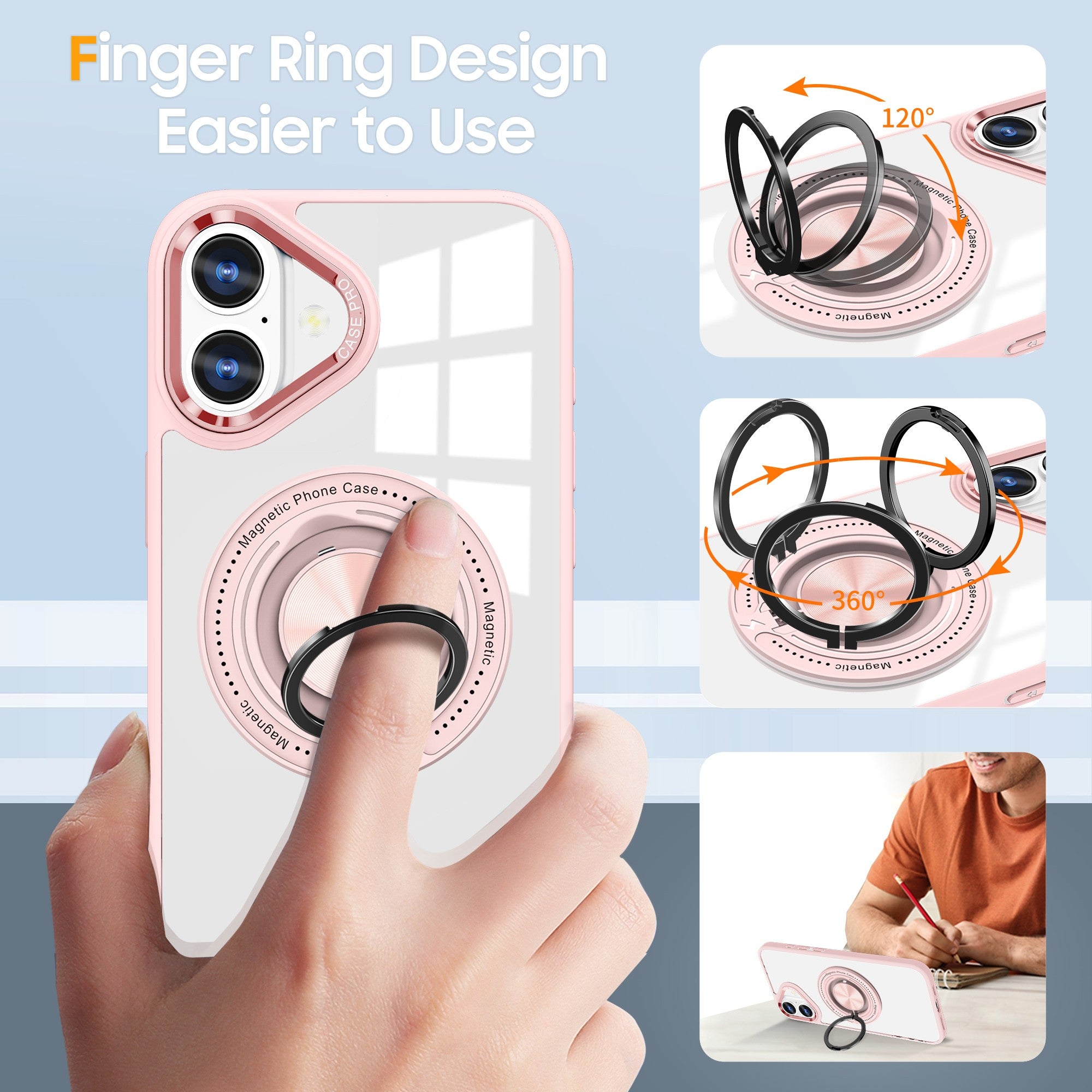 Husa de Protectie TPU, Flippy, pentru iPhone 16 Pro, Anticadere, cu Incarcare Wireless, Tehnologie Magsafe, Inel Magnetic Rotativ cu Functie de Suport, Transparent-Roz-5