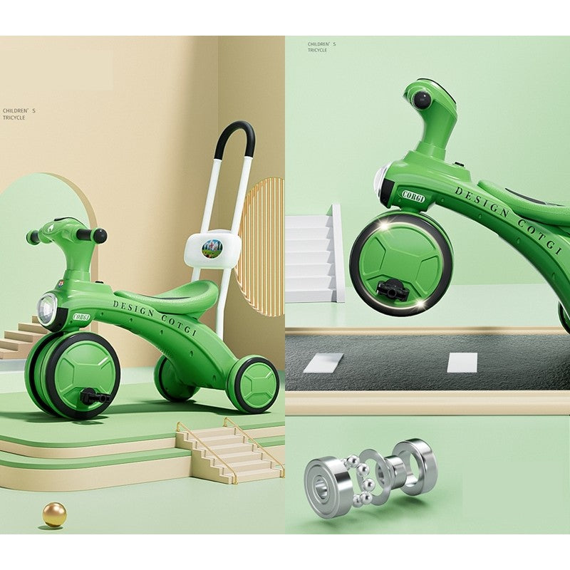 Tricicleta pentru copii Flippy, pedalare, impingere, lumini si sunete, pedale antiderapante, material dur, cos depozitare, varsta peste 18 luni, 80x40x52 cm, verde-1