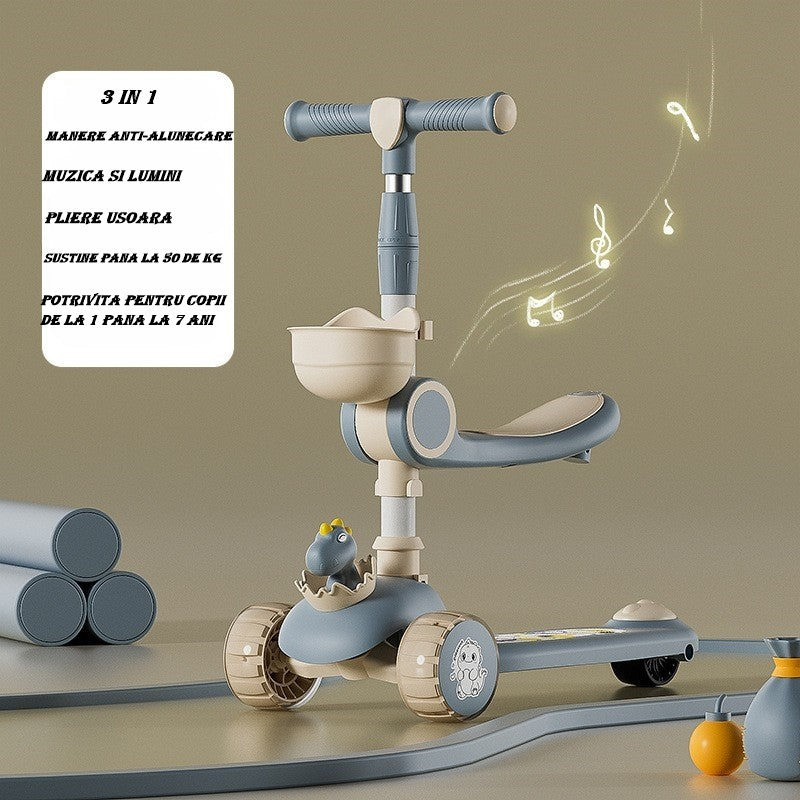 Trotineta Multifunctionala 3 in 1, Flippy, pentru Copii, 1-7 Ani, cu Lumini si Muzica, Reglabil 360, Pliere Usoara, Reglarea Inaltimii, Model Dinozaur, Bej/Albastru-1