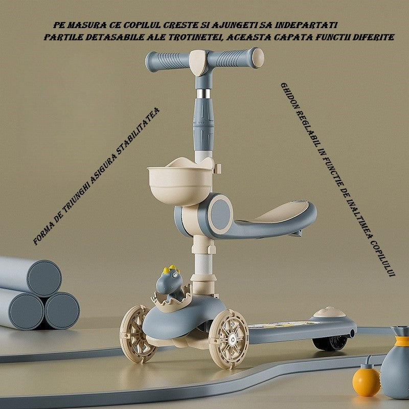 Trotineta Multifunctionala 3 in 1, Flippy, pentru Copii, 1-7 Ani, cu Lumini si Muzica, Reglabil 360, Pliere Usoara, Reglarea Inaltimii, Model Dinozaur, Bej/Albastru-2