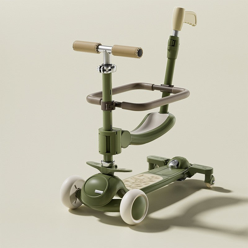 Trotineta Tip Carucior pentru Copii 7in1, Flippy, Pliabila, Ghidon Reglabil, Parti Detasabile, Lumini LED, Muzica, Suport pentru picioare, Verde-1