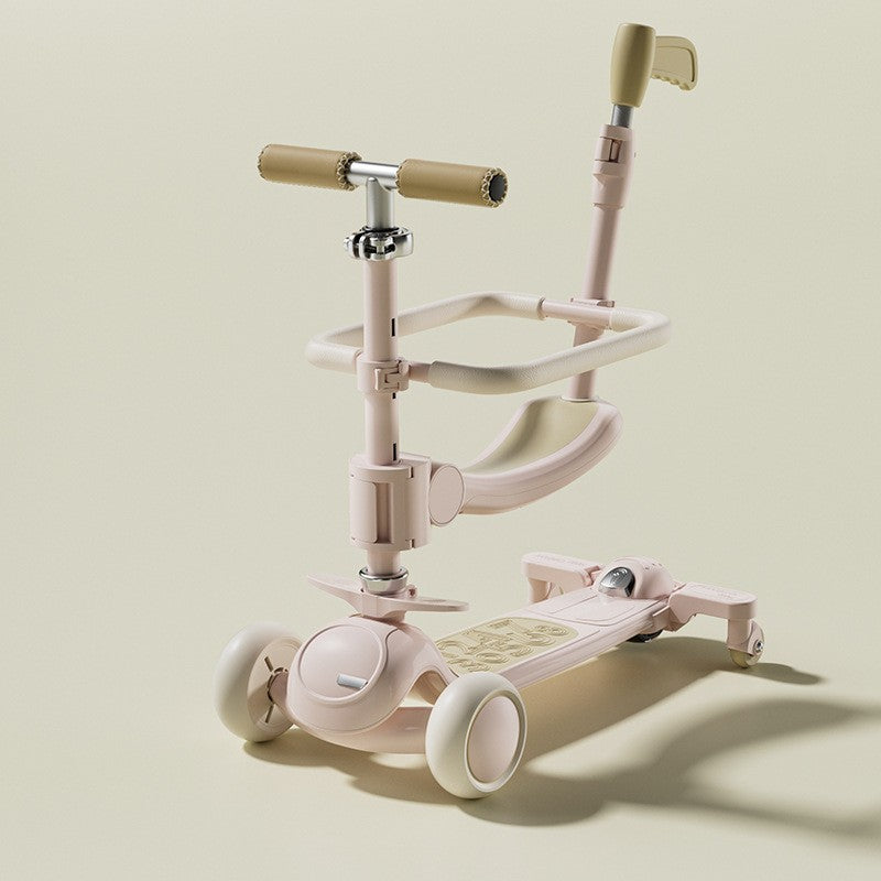 Trotineta Tip Carucior pentru Copii 7in1, Flippy, Pliabila, Ghidon Reglabil, Parti Detasabile, Lumini LED, Muzica, Suport pentru picioare, Roz-1