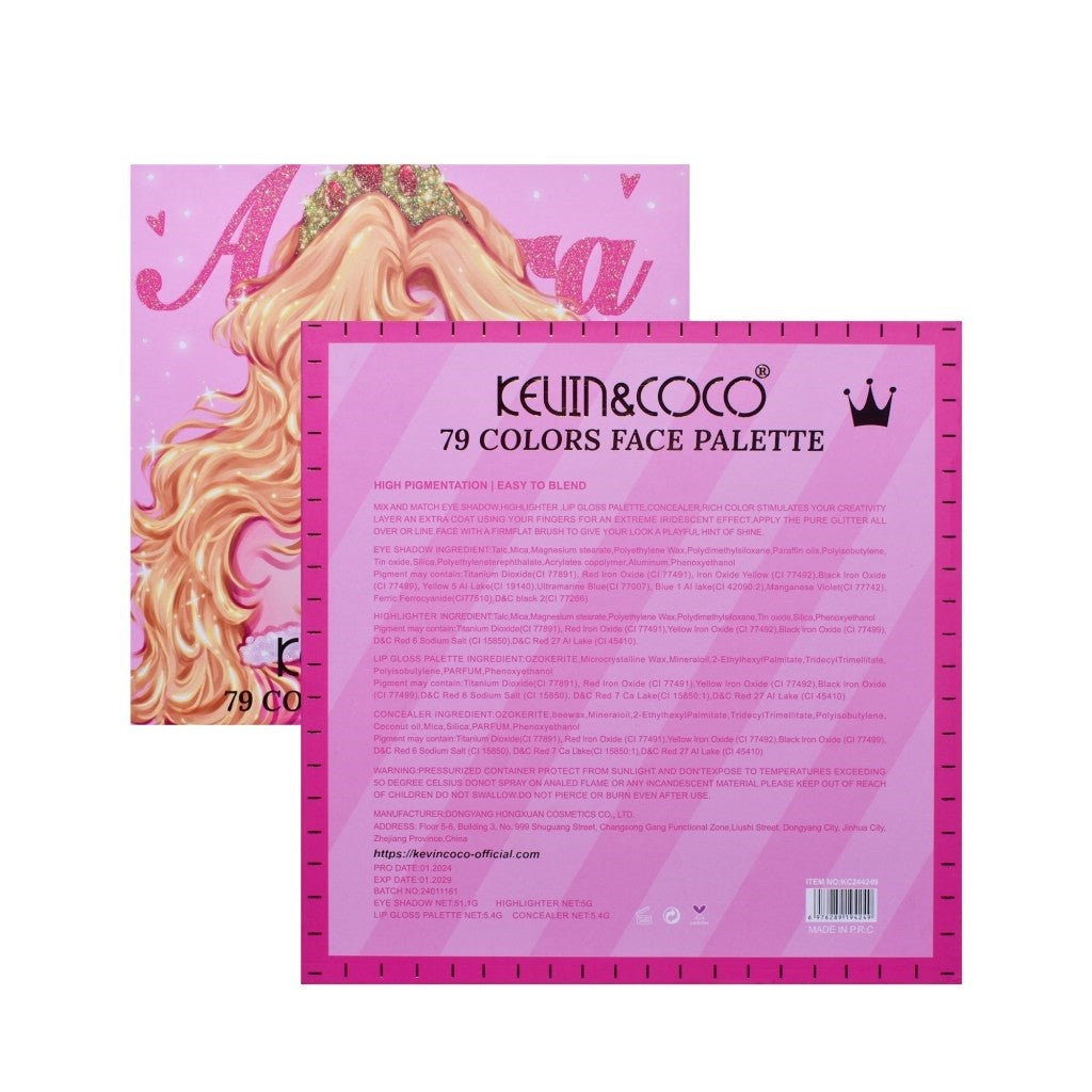 Trusa de Machiaj, KEVIN & COCO, Princess Palette. Fard de Pleoape, Iluminator, Corector, Ruj, 79 culori, 19.7 x 20 x 2 cm-7