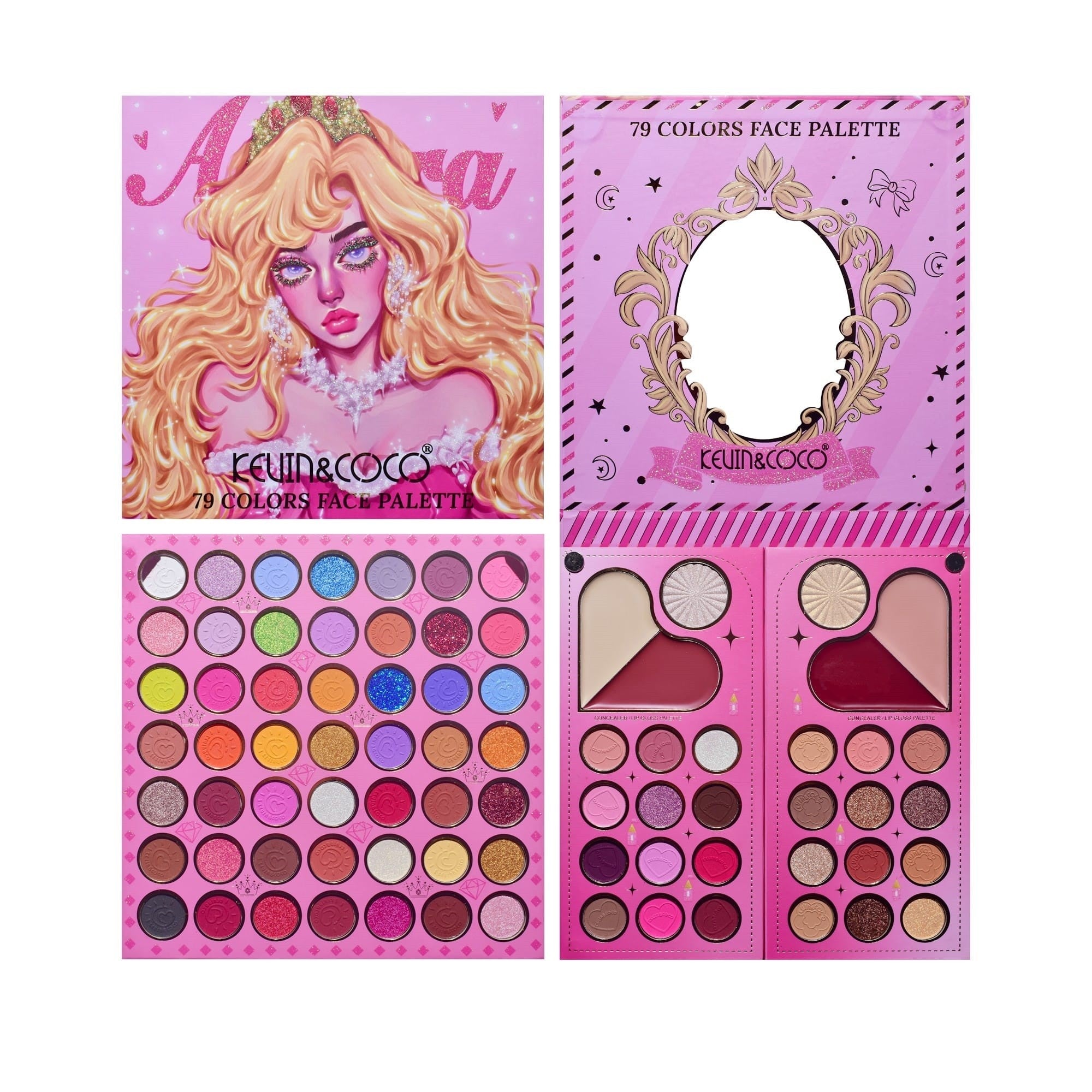 Trusa de Machiaj, KEVIN & COCO, Princess Palette. Fard de Pleoape, Iluminator, Corector, Ruj, 79 culori, 19.7 x 20 x 2 cm-9