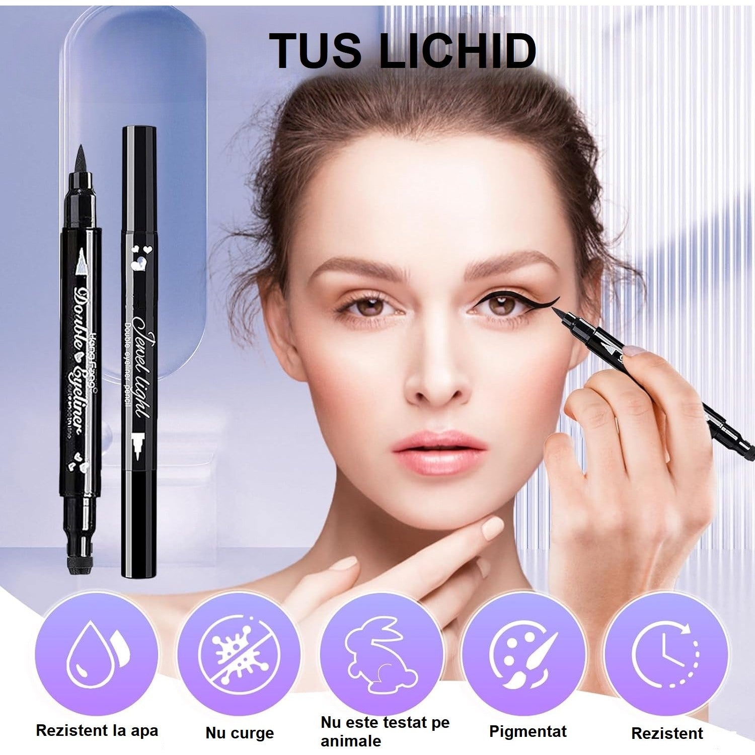 Tus Lichid pentru Ochi, Flippy, 2 Capete, Eyeliner si Stampila Inima, Pentru Ochi si Corp, 50 g, Rezistent la Apa, 12.7 x 3 cm, Negru-2