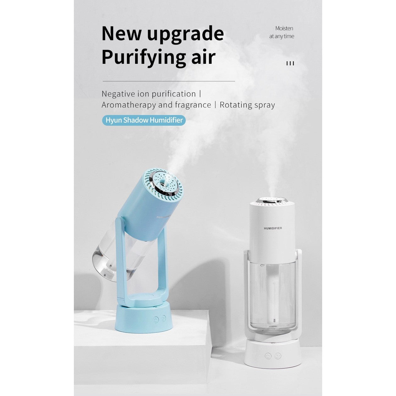 Umidificator si Purificator aer ultrasonic portabil, rezervor 200ml, cu ioni negativi, LED 7 culori, rotatie 360 grade, Turcoaz-1