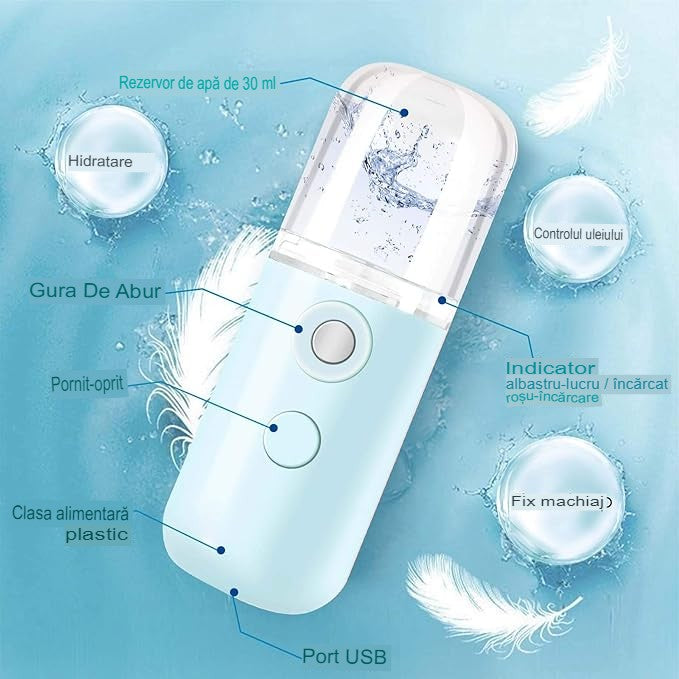 Spray de Hidratare Facială cu Tehnologie Nano, Flippy, Hidratare, Igienizare, Abur Rece, Încărcare USB, Capacitate 30 mL, 10cm, Albastru-3
