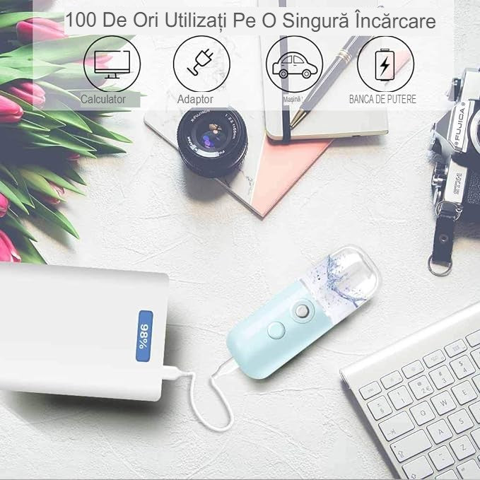 Spray de Hidratare Facială cu Tehnologie Nano, Flippy, Hidratare, Igienizare, Abur Rece, Încărcare USB, Capacitate 30 mL, 10cm, Albastru-6