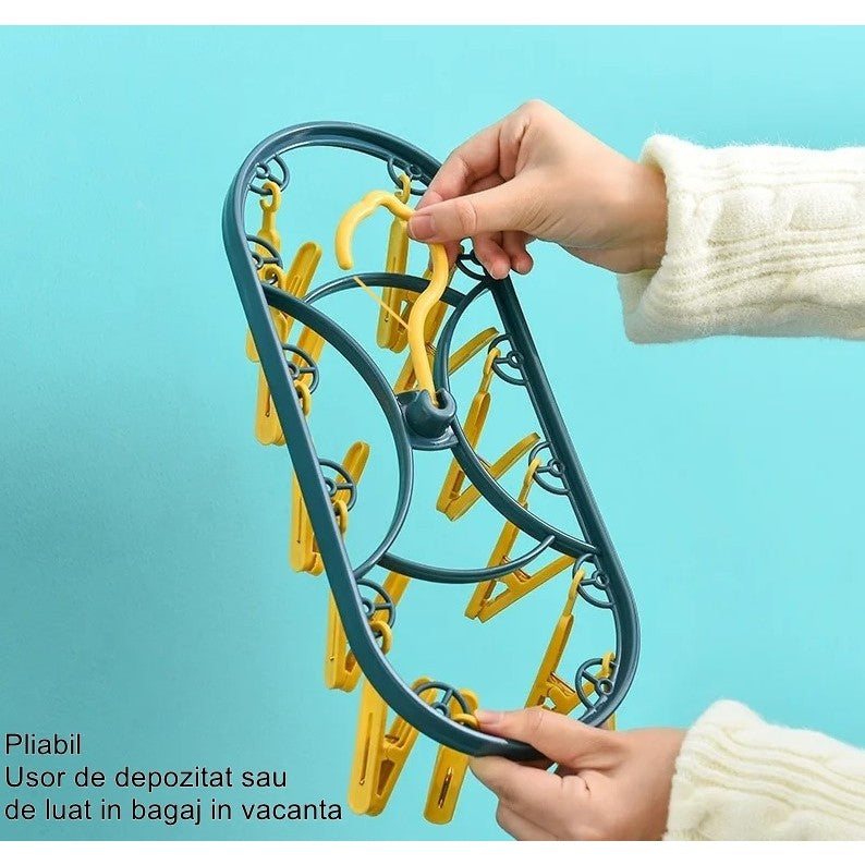 Uscator de Rufe Suspendat Flippy, cu 12 Carlige, Rotire 360 Grade, Protectie Vant, Mateiral Plastic, Usor de Depozitat, Multifunctional, 30 x 12.5 cm, Albastru/Galben-2