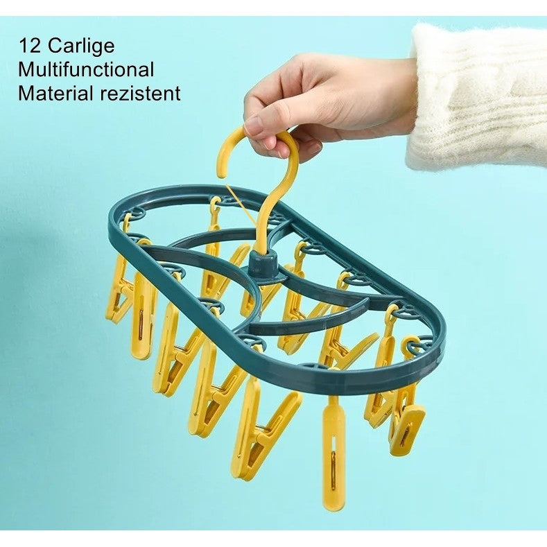 Uscator de Rufe Suspendat Flippy, cu 12 Carlige, Rotire 360 Grade, Protectie Vant, Mateiral Plastic, Usor de Depozitat, Multifunctional, 30 x 12.5 cm, Albastru/Galben-3