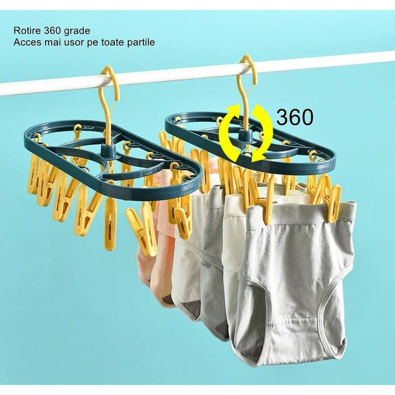 Uscator de Rufe Suspendat Flippy, cu 12 Carlige, Rotire 360 Grade, Protectie Vant, Mateiral Plastic, Usor de Depozitat, Multifunctional, 30 x 12.5 cm, Albastru/Galben-4