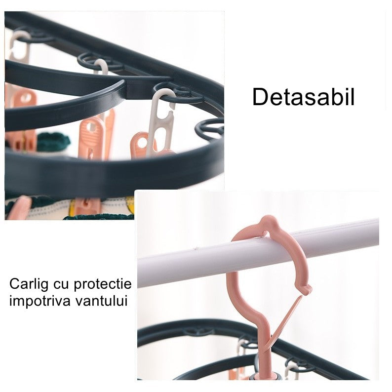 Uscator de Rufe Suspendat Flippy, cu 12 Carlige, Rotire 360 Grade, Protectie Vant, Mateiral Plastic, Usor de Depozitat, Multifunctional, 30 x 12.5 cm, Albastru/Roz-1