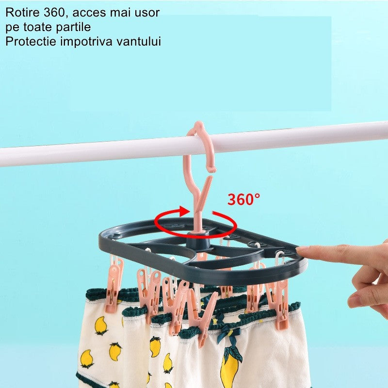 Uscator de Rufe Suspendat Flippy, cu 12 Carlige, Rotire 360 Grade, Protectie Vant, Mateiral Plastic, Usor de Depozitat, Multifunctional, 30 x 12.5 cm, Albastru/Roz-2