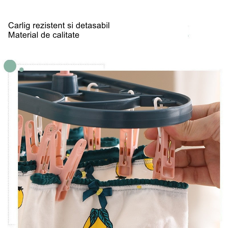 Uscator de Rufe Suspendat Flippy, cu 12 Carlige, Rotire 360 Grade, Protectie Vant, Mateiral Plastic, Usor de Depozitat, Multifunctional, 30 x 12.5 cm, Albastru/Roz-3