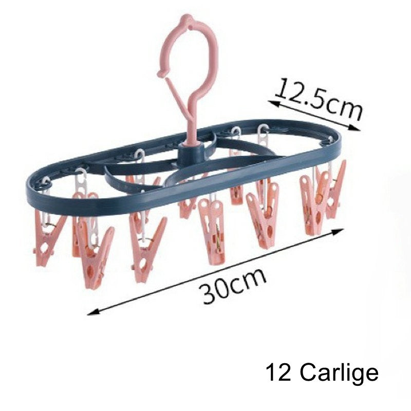 Uscator de Rufe Suspendat Flippy, cu 12 Carlige, Rotire 360 Grade, Protectie Vant, Mateiral Plastic, Usor de Depozitat, Multifunctional, 30 x 12.5 cm, Albastru/Roz-4