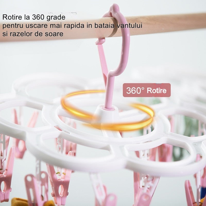 Uscator de Rufe Suspendat Flippy, cu 16 Carlige, Rotire 360 Grade, Mateiral Plastic, Usor de Depozitat, Multifunctional, 26 x 21 cm, Roz-1