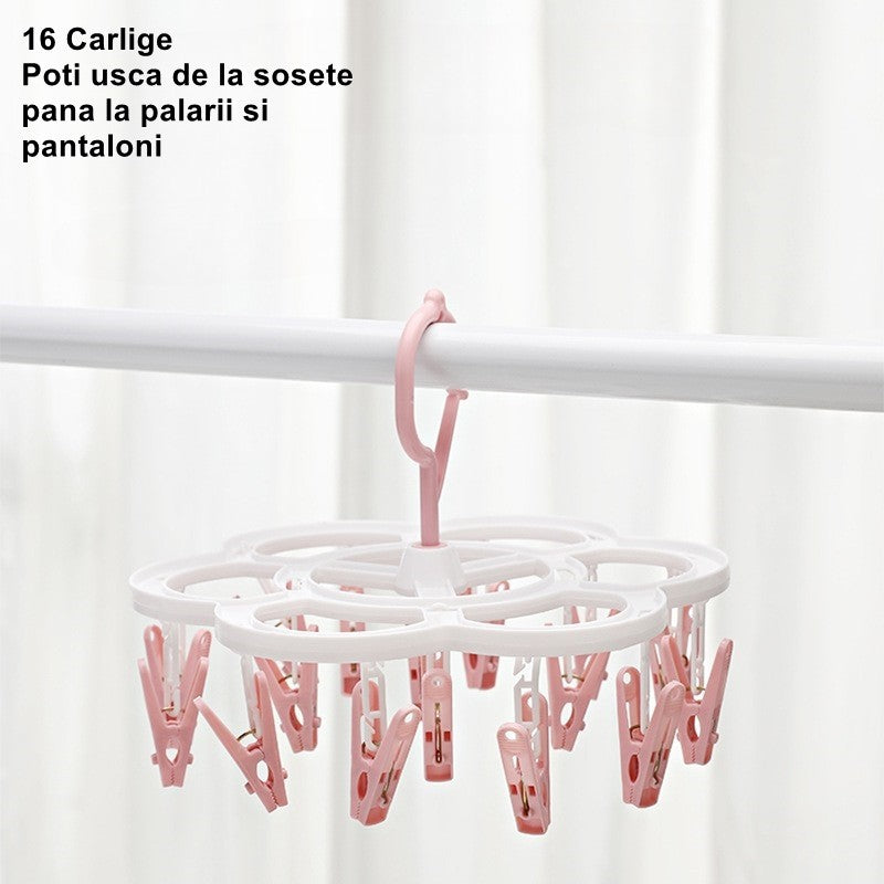 Uscator de Rufe Suspendat Flippy, cu 16 Carlige, Rotire 360 Grade, Mateiral Plastic, Usor de Depozitat, Multifunctional, 26 x 21 cm, Roz-2