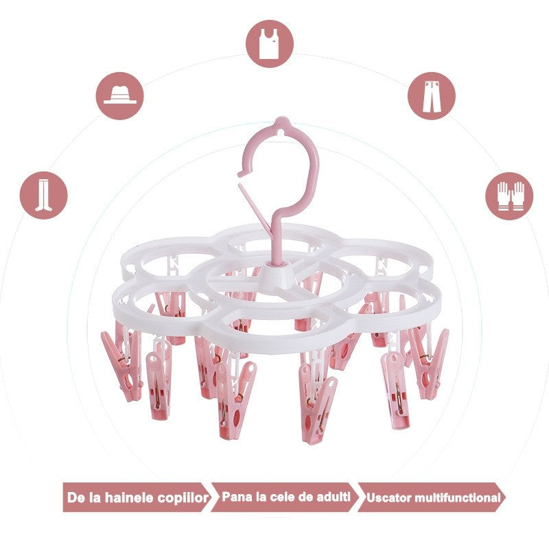 Uscator de Rufe Suspendat Flippy, cu 16 Carlige, Rotire 360 Grade, Mateiral Plastic, Usor de Depozitat, Multifunctional, 26 x 21 cm, Roz-3