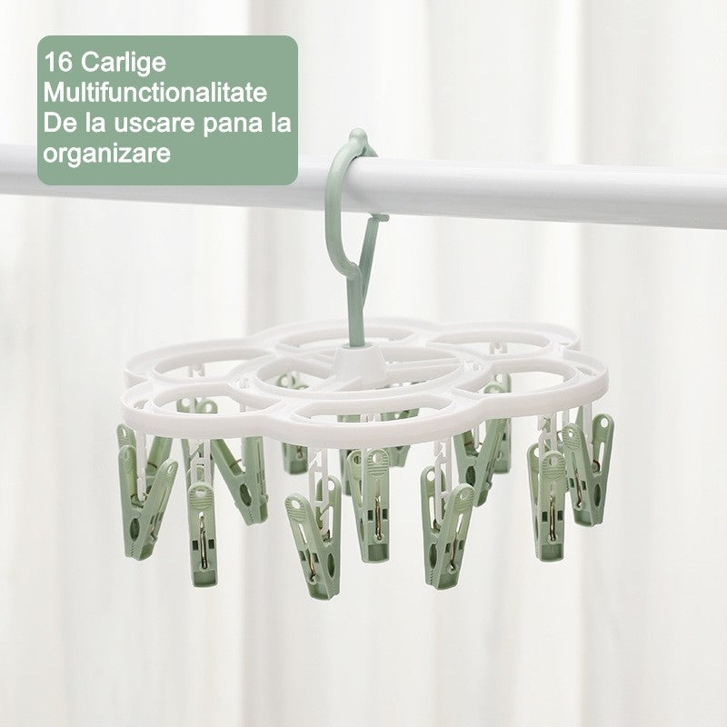 Uscator de Rufe Suspendat Flippy, cu 16 Carlige, Rotire 360 Grade, Mateiral Plastic, Usor de Depozitat, Multifunctional, 26 x 21 cm, Verde-3
