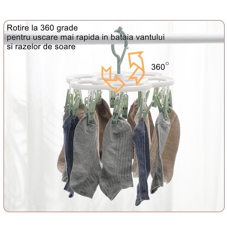 Uscator de Rufe Suspendat Flippy, cu 16 Carlige, Rotire 360 Grade, Mateiral Plastic, Usor de Depozitat, Multifunctional, 26 x 21 cm, Verde-4