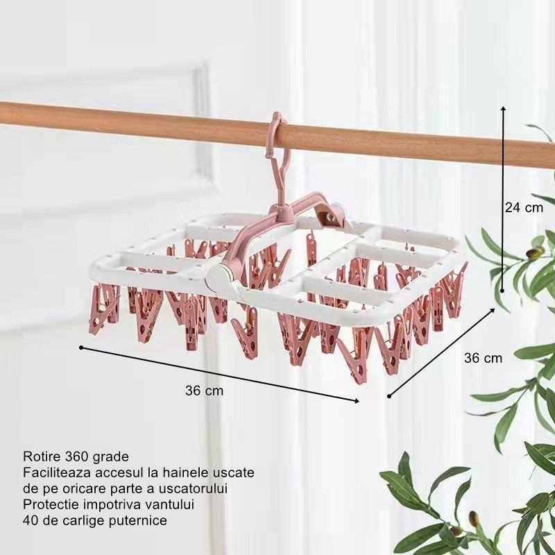 Uscator de Rufe Suspendat Flippy, cu 40 Carlige, Rotire 360 Grade, Protectie Vant, Pliabil, Patrat, Mateiral Plastic, Usor de Depozitat, Multifunctional, 36 x 24 cm, Alb/Roz-2