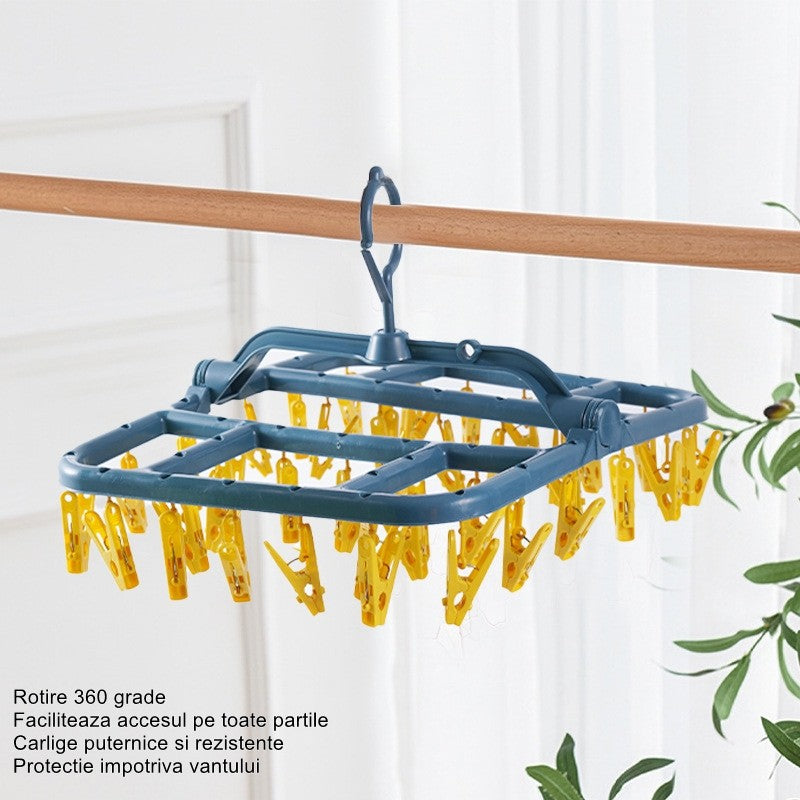 Uscator de Rufe Suspendat Flippy, cu 40 Carlige, Rotire 360 Grade, Protectie Vant, Pliabil, Patrat, Mateiral Plastic, Usor de Depozitat, Multifunctional, 36 x 24 cm, Albastru/Galben-3