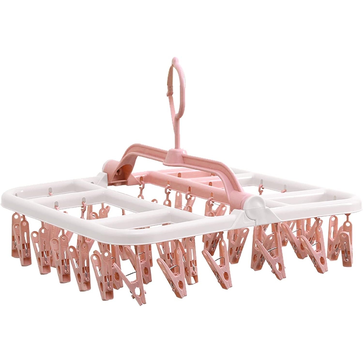 Uscator de Rufe Suspendat Flippy, cu 40 Carlige, Rotire 360 Grade, Protectie Vant, Pliabil, Patrat, Mateiral Plastic, Usor de Depozitat, Multifunctional, 36 x 24 cm, Alb/Roz-0