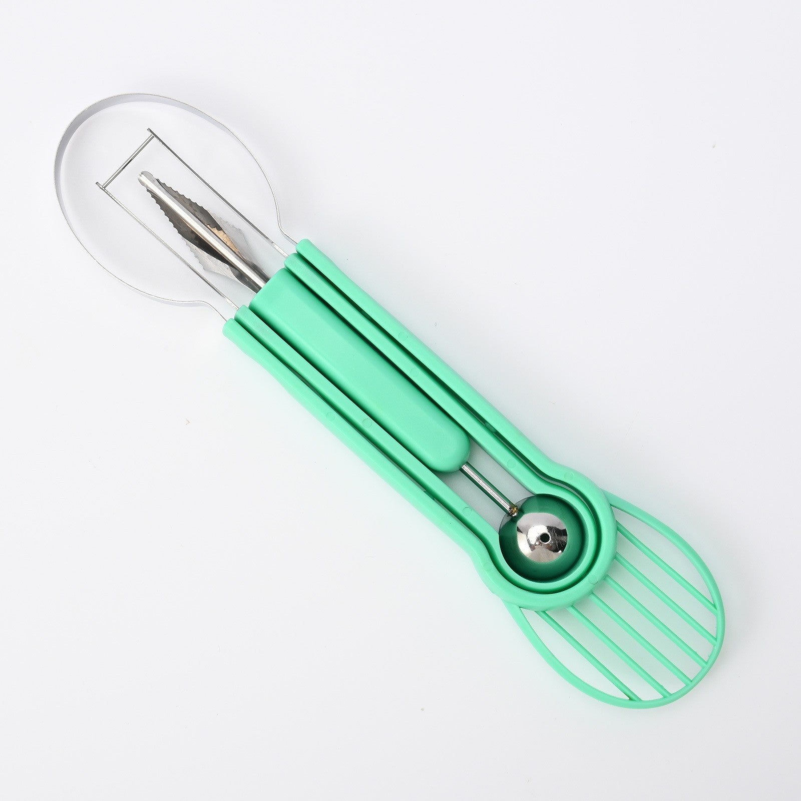 Ustensila bucatarie 4 in 1 pentru taiat si decorat fructe Flippy, material inox si plastic, compact, 28x6.2 cm, verde-2