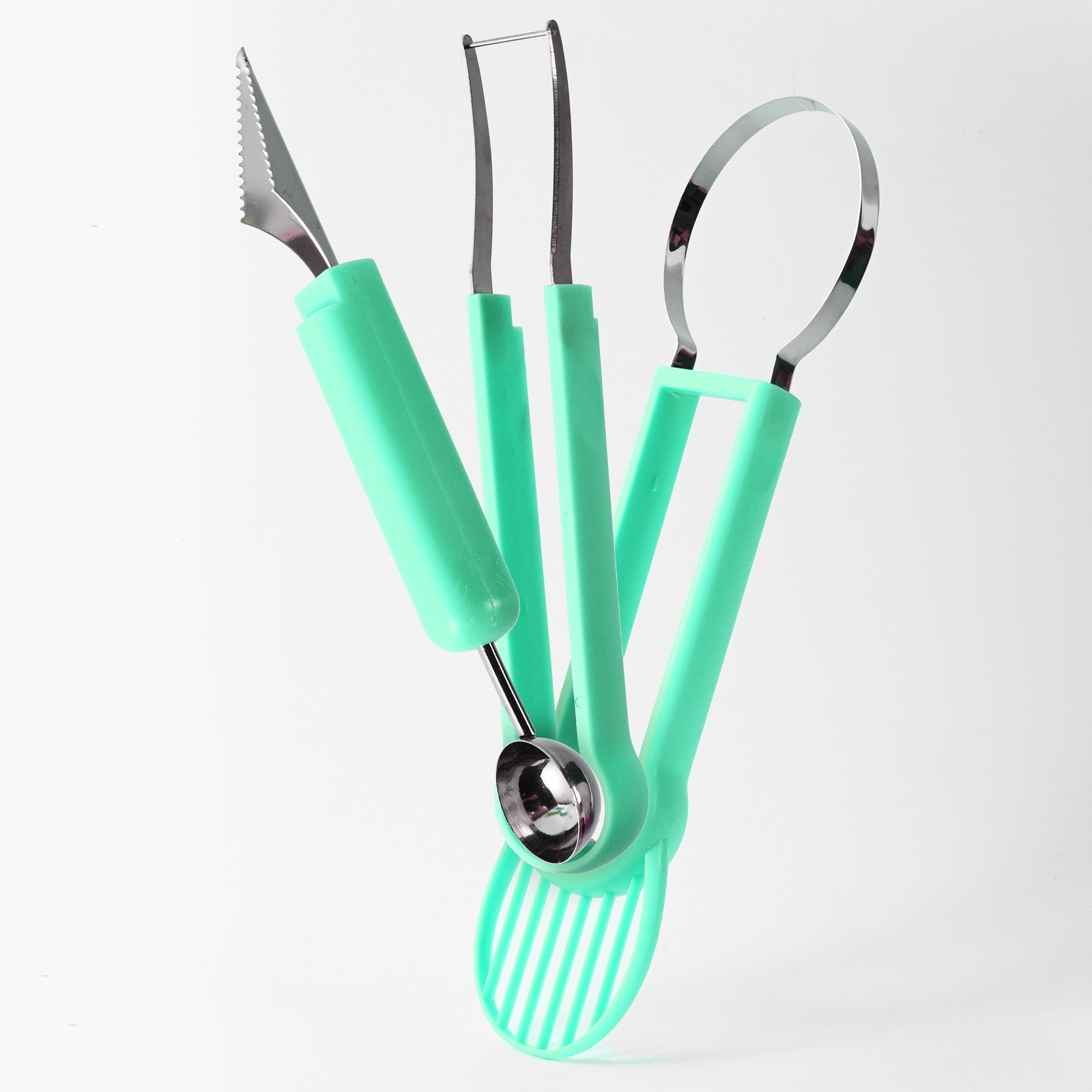 Ustensila bucatarie 4 in 1 pentru taiat si decorat fructe Flippy, material inox si plastic, compact, 28x6.2 cm, verde-4