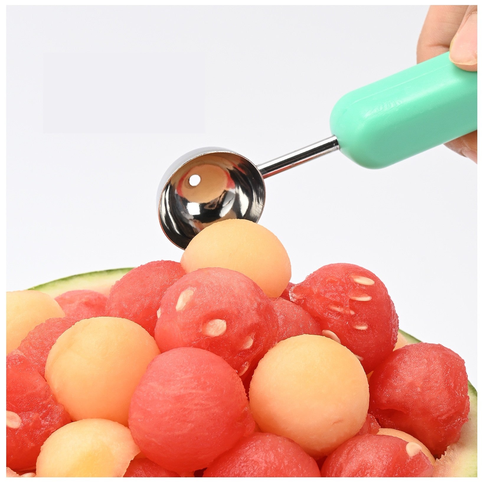 Ustensila bucatarie 4 in 1 pentru taiat si decorat fructe Flippy, material inox si plastic, compact, 28x6.2 cm, verde-6