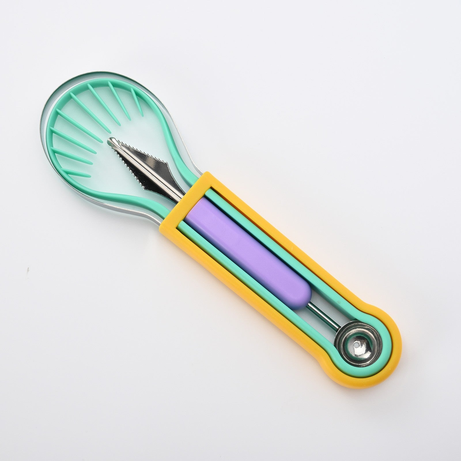 Ustensila bucatarie 4 in 1 pentru taiat si decorat fructe Flippy, material inox si plastic, compact, 28x6.2 cm, multicolor-2