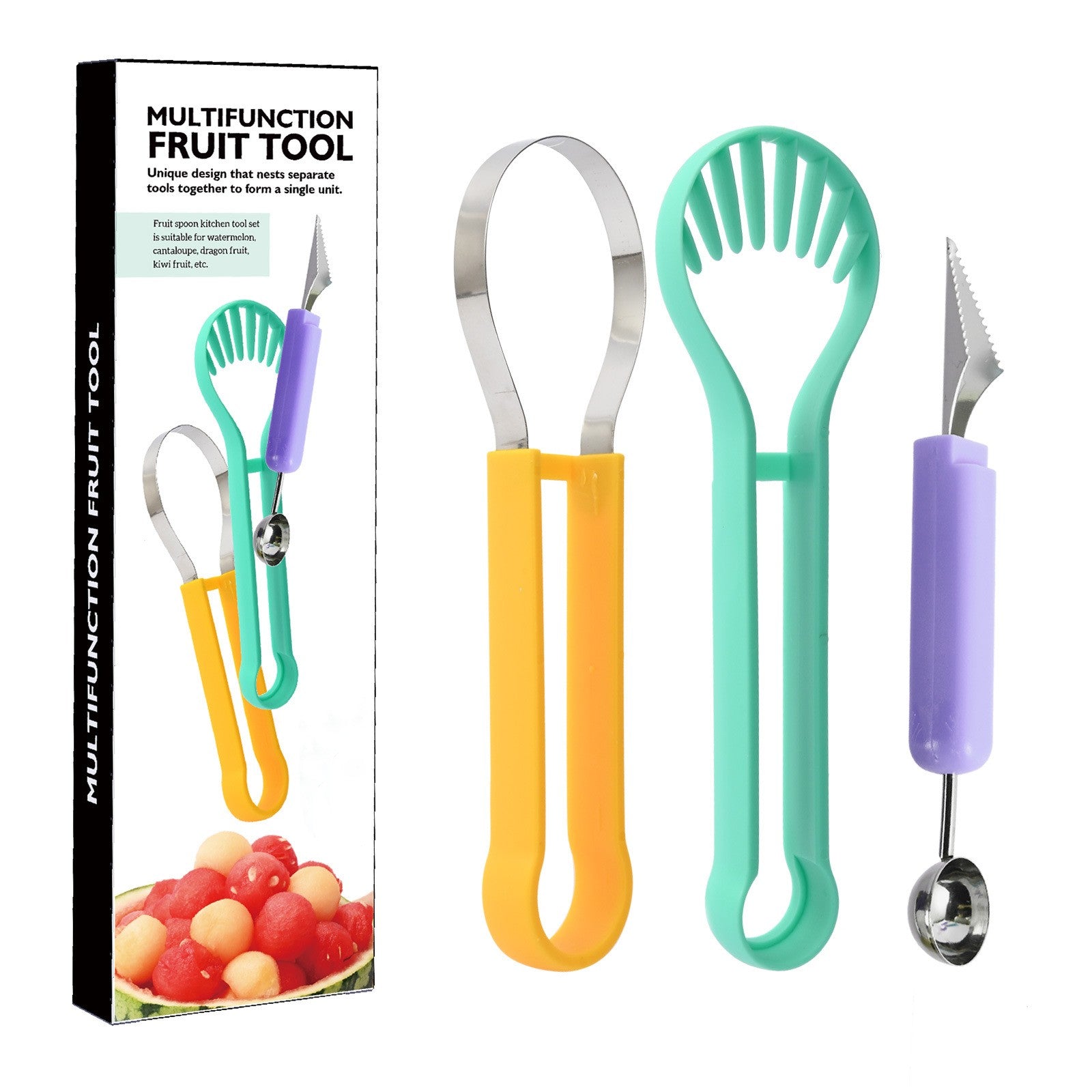 Ustensila bucatarie 4 in 1 pentru taiat si decorat fructe Flippy, material inox si plastic, compact, 28x6.2 cm, multicolor-7