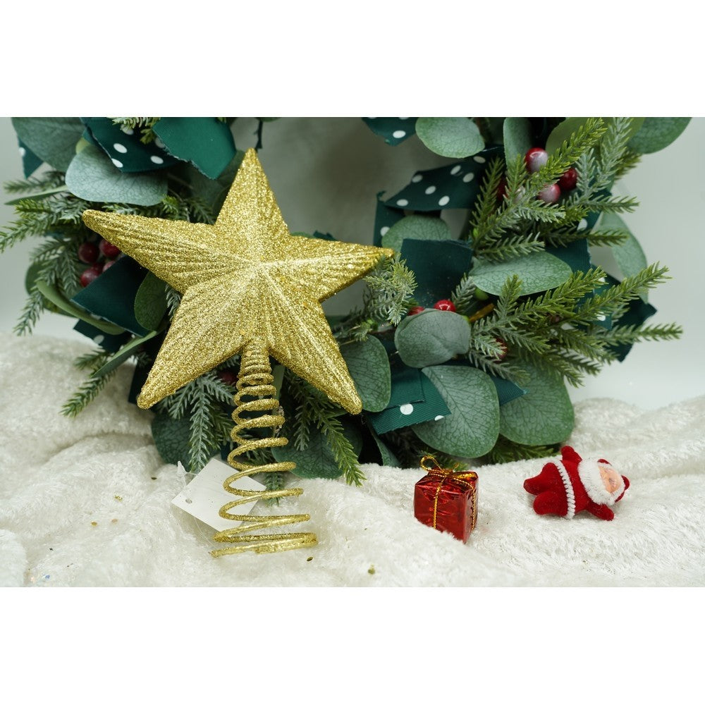 Varf decorativ de brad, Auriu, in forma de Stea, cu design in relief, din Plastic/Metal, 15.5 cm x 20.5 cm, Interior/Exterior, Flippy-7