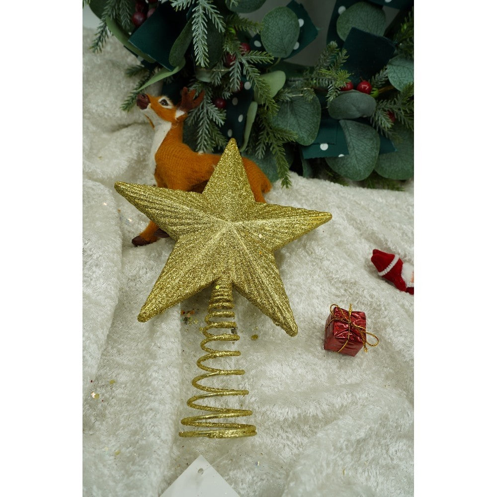 Varf decorativ de brad, Auriu, in forma de Stea, cu design in relief, din Plastic/Metal, 15.5 cm x 20.5 cm, Interior/Exterior, Flippy-9