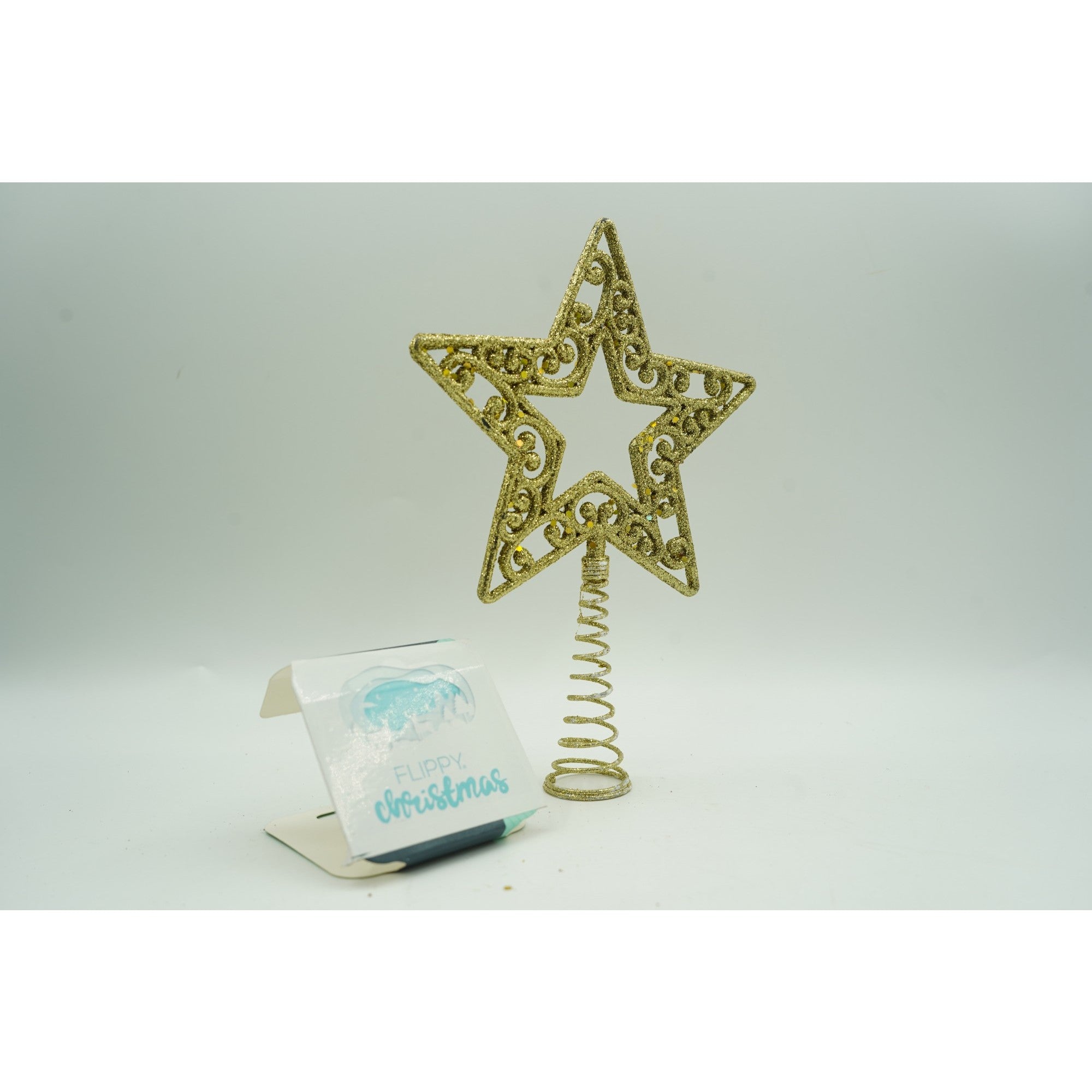 Varf decorativ de brad, Auriu, in forma de Stea, decupata in centru, din Plastic/Metal, 14 cm x 19 cm, Interior/Exterior, Flippy-2