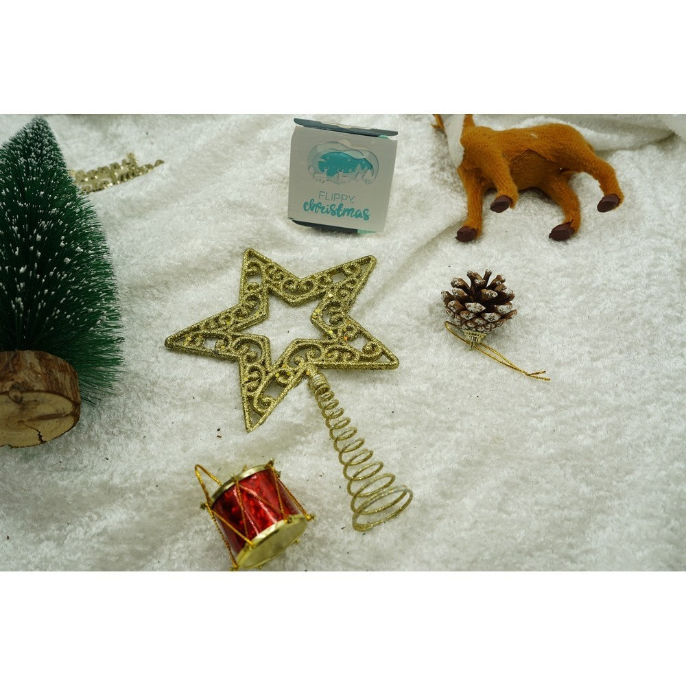 Varf decorativ de brad, Auriu, in forma de Stea, decupata in centru, din Plastic/Metal, 14 cm x 19 cm, Interior/Exterior, Flippy-7